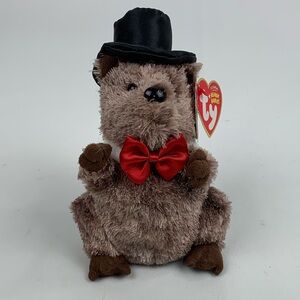 Ty Original 2008 Punxsutawney Phil Beanie Baby Brown Plush Black Hat Red Bow
